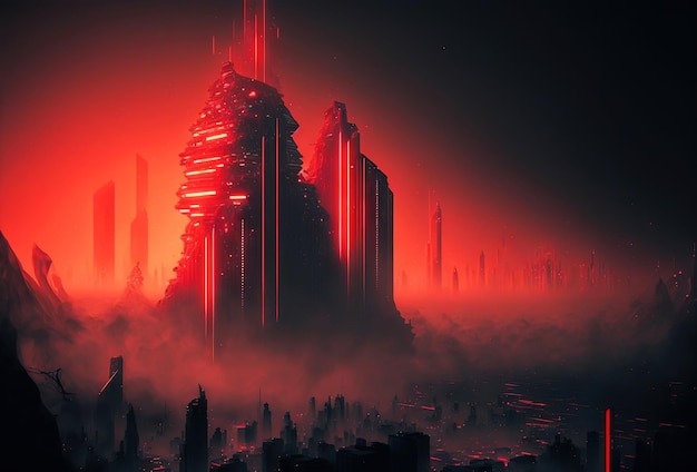 Skyline cyberpunkowego czerwonego neonowego miasta w nocy Gigantyczne drapacze chmur wyłaniają się z mgły Generative AI