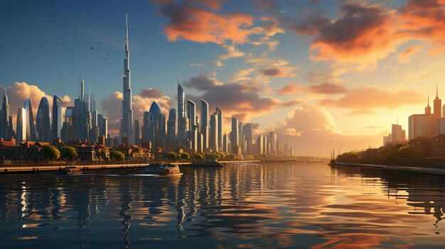 Skyline Dubaju w czasie zachodu słońca Zjednoczone Emiraty Arabskie