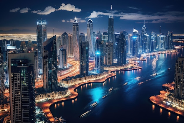 Skyline Dubaju w nocy Zjednoczone Emiraty Arabskie Dubai jest najszybciej rozwijającym się miastem na świecie Dubai Panoramic Night View AI Generated