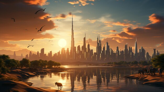 Skyline miasta Dubai przy zachodzie słońca widziane z pustyni