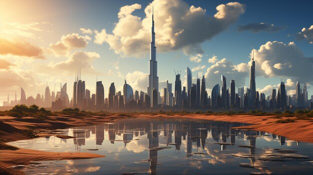 Skyline miasta Dubai przy zachodzie słońca widziane z pustyni