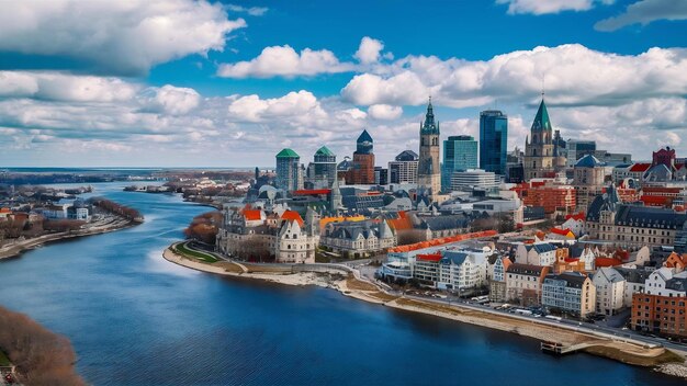Skyline miasta Quebec nad rzeką z niebieskim niebem i chmurami
