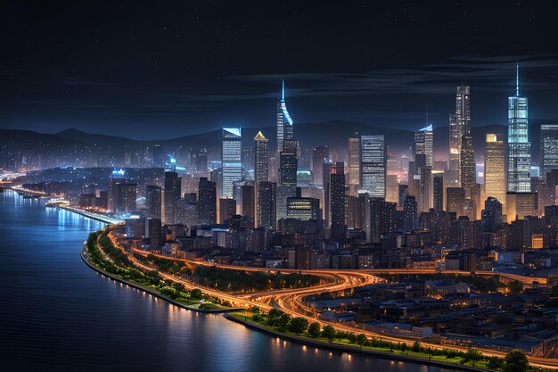 Skyline miasta w nocy z dużym oświetlonym i rzeką błyszczącą poniżej ultra hd realistyczny
