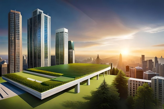 Skyline miasta z budynkami ozdobionymi zielonymi dachami i panelami słonecznymi podkreślającymi integrację...