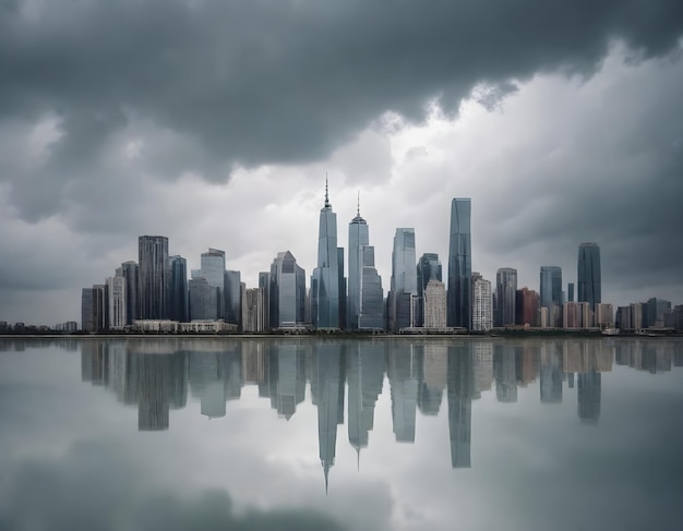 Skyline miasta z drapaczami chmur odzwierciedlonymi na gładkiej powierzchni wody pod chmurnym niebem