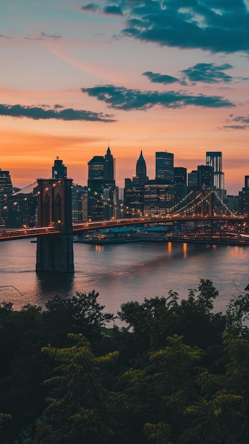 Skyline Nowego Jorku o zachodzie słońca z Brooklyn Heights