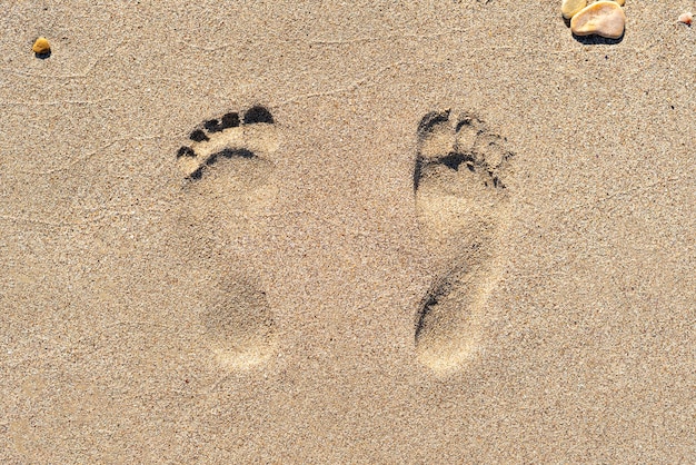 Ślad człowieka na piaszczystej plaży, koncepcja podróży wakacje