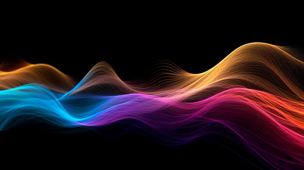 Zdjęcie Ślady linii fal płynących dynamicznie w różnych kolorach izolowanych na czarnym tle abstrakcyjne futurystyczne tło koncepcja nauki cyfrowej i komunikacji generacyjna sztuczna inteligencja