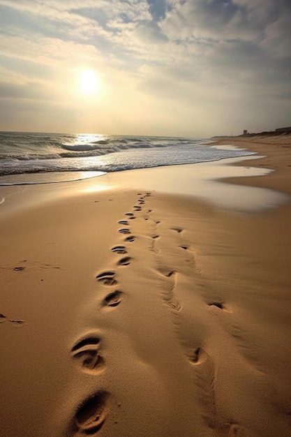 Ślady stóp na piaszczystej plaży prowadzącej do oceanu utworzone za pomocą generatywnej sztucznej inteligencji