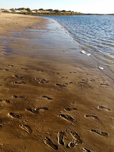 Ślady stóp na plaży na tle nieba