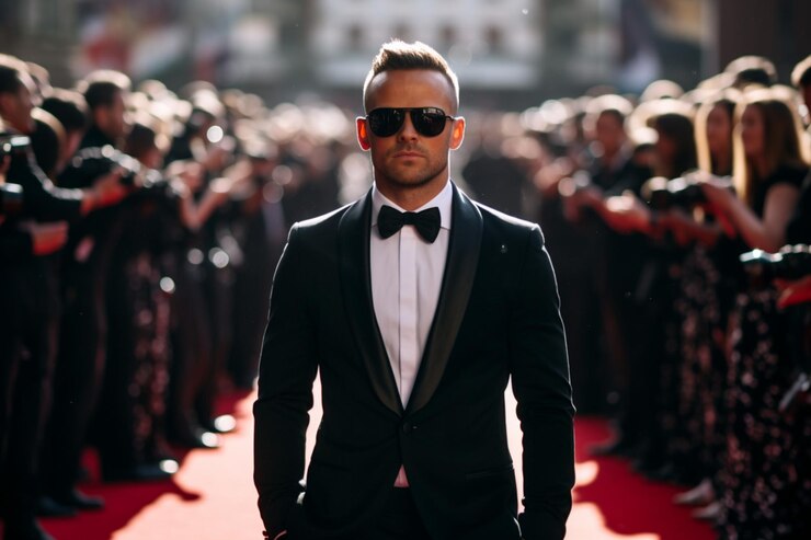 Zdjęcie sławne osoby pozujące dla paparazzi na czerwonym dywanie