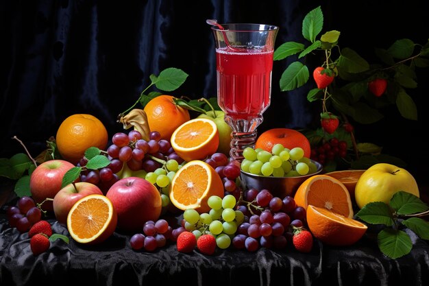 Zdjęcie sliced succulence umiejętne połączenie ciętych owoców i szklanek soku