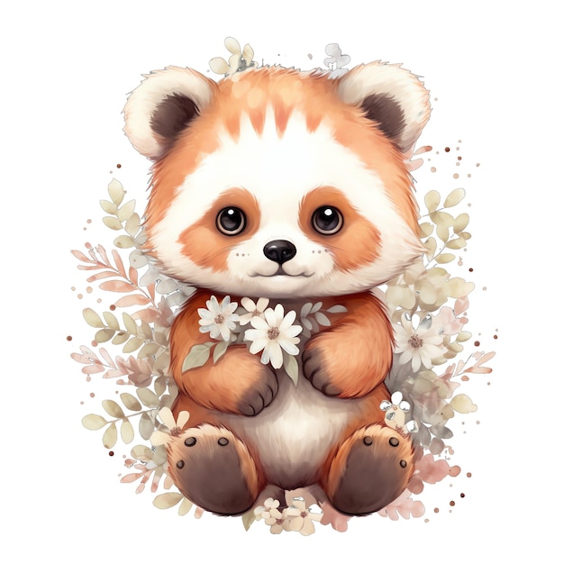 Śliczna akwarela czerwona panda z kwiatami i ilustracją roślin boho