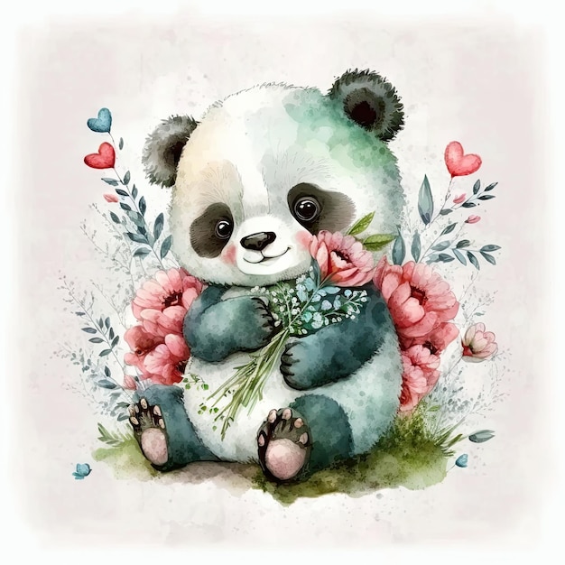 Śliczna Akwarela Panda Ilustracja AI Generatywne