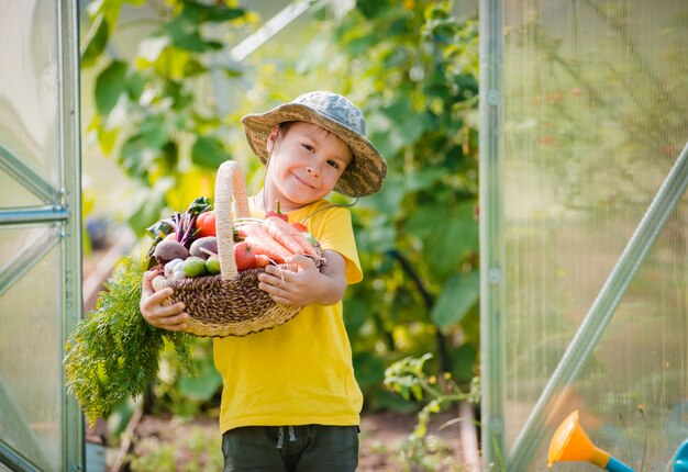 Śliczna chłopiec trzyma wiązkę świezi organicznie warzywa w domowym ogródzie.