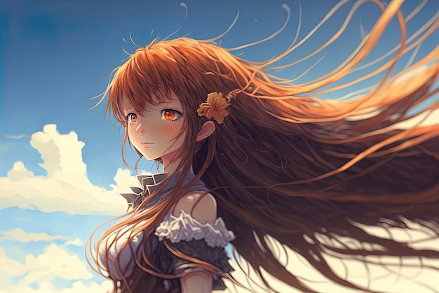 Śliczna długowłosa dziewczyna anime ciesząca się powiewem piękna rudowłosa dziewczyna anime anime ilustracja generatywna ai