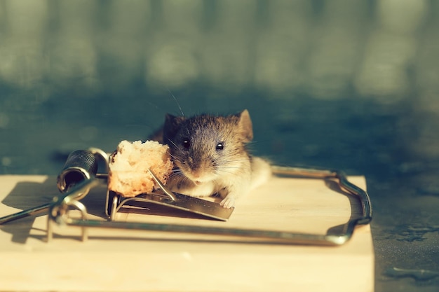 Śliczna domowa szara mysz lub szczur w pułapce na myszy z przynętą