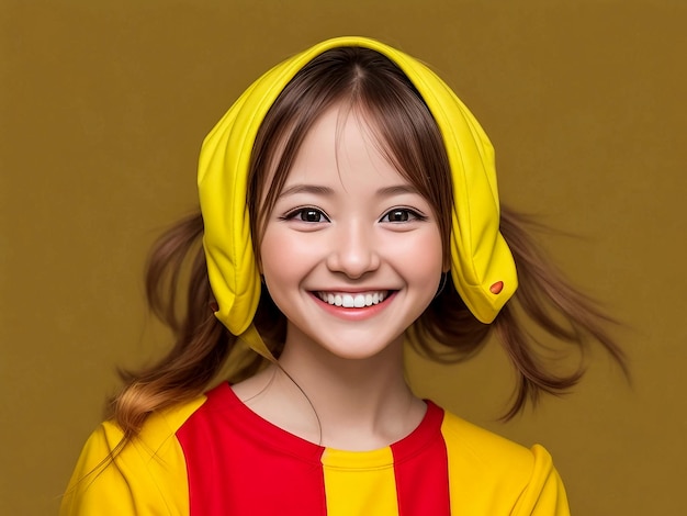 Śliczna dziewczyna, która się uśmiecha i śmieje. Żółte, jasne ubrania studyjne, zdjęcia w jednolitym kolorze tła