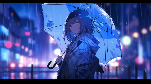 Śliczna dziewczyna lofi na deszczu anime manga styl ilustracja tło projekt tapety Generative AI