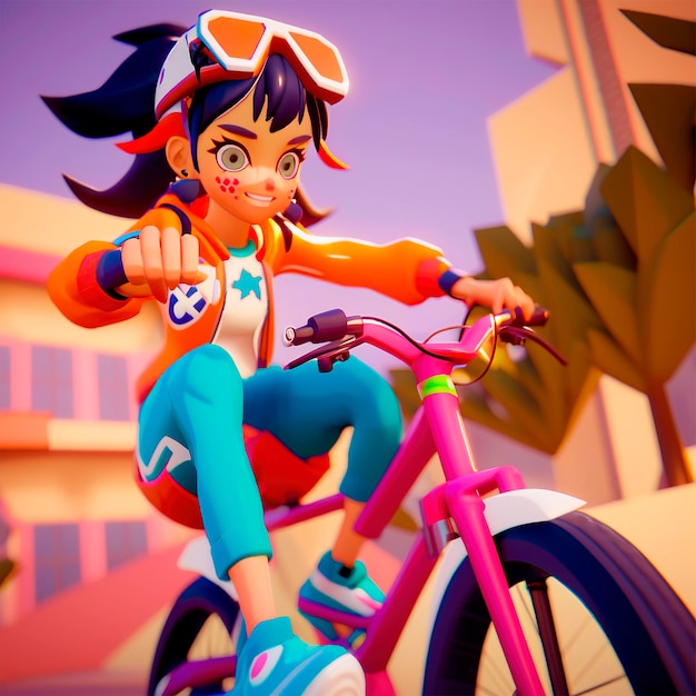 Śliczna dziewczyna na rowerze Szczęśliwa dziewczyna na rowerze Styl kreskówki AI