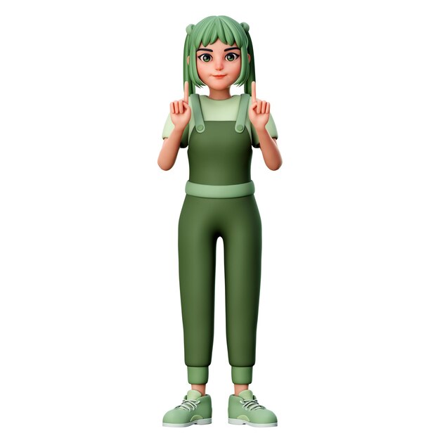 Śliczna dziewczyna postać z wskazującym gestem za pomocą obu dłoni ilustracja renderowania 3d