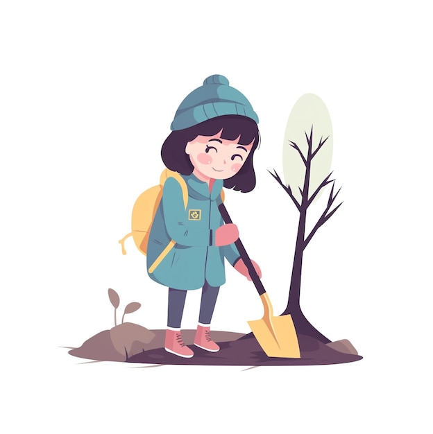 Śliczna dziewczyna sadzi małe drzewo z łopatą