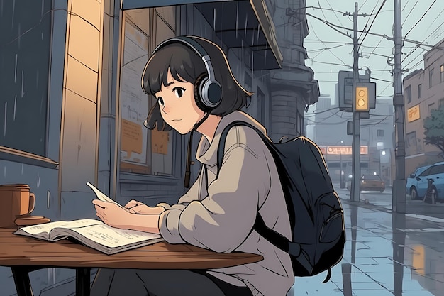 Śliczna dziewczyna słuchająca muzyki lofi z słuchawkami