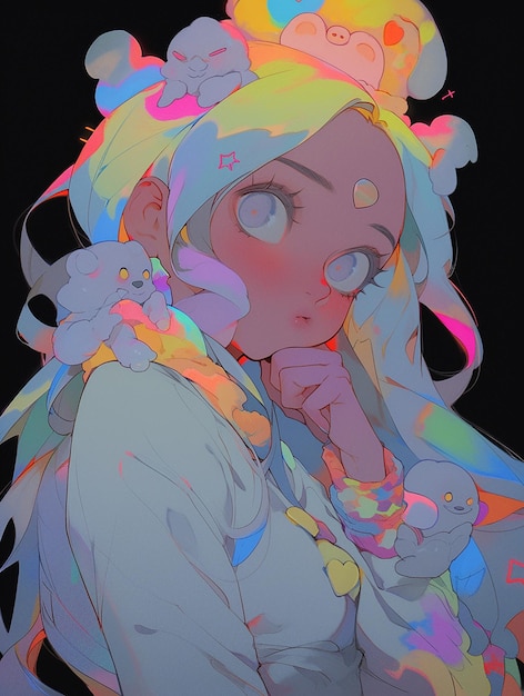 śliczna dziewczyna styl anime postać ręcznie rysowane ilustracja projekt manga psychodeliczny kolor tęczy