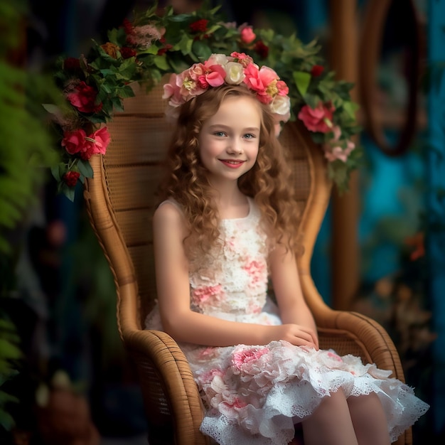 Śliczna dziewczyna w eleganckiej sukni i kwiecistej koronie pozuje do kamery w kwiecistym krześle