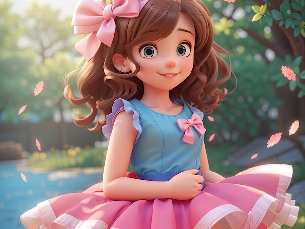 Śliczna dziewczyna w różowej kokardce i niebieskiej sukience