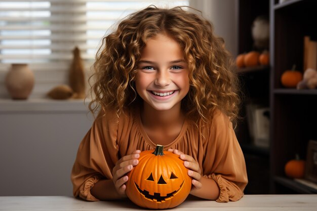Śliczna dziewczyna w wieku 9 lat w kostiumie czarownicy w starym domu na Halloween z dynią Conc