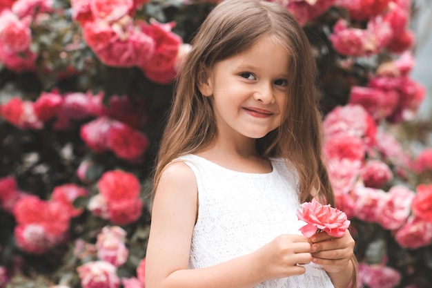 Śliczna dziewczynka 45 lat z długimi blond włosami pozowanie na różowe kwiaty róży w tle z bliska Wiosna uśmiechający się dzieciak nad kwitnącymi krzewami w ogrodzie Sezon letni