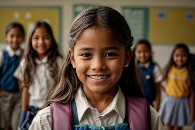 śliczna dziewczynka stojąca z uśmiechem i dumnie przed szkołą skierowaną do kamery