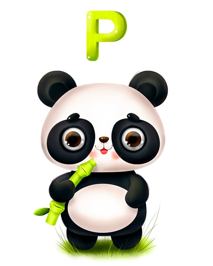 Zdjęcie śliczna kreskówka panda z bambusem i literą alfabetu