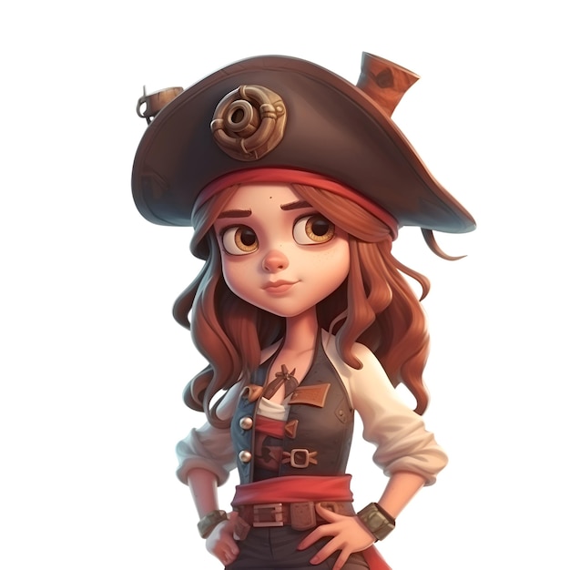 Śliczna kreskówka pirat dziewczyna odizolowywająca na białym tle renderowania 3d