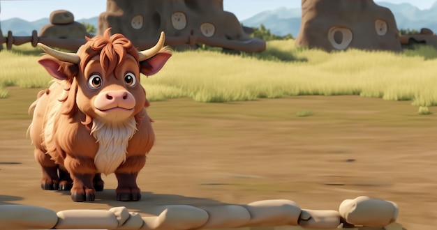 Śliczna krowa w polu ilustracja 3D Styl kreskówki