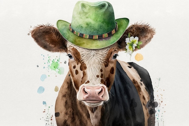 Śliczna krowa z kapeluszem świętuje dzień Świętego Patryka w akwareli