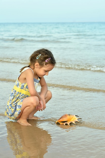 Śliczna mała dziewczynka na plaży z muszlą