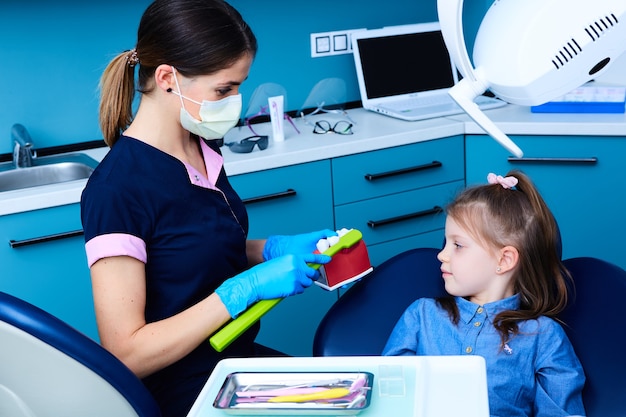 Śliczna mała dziewczynka siedzi w gabinecie dentystów