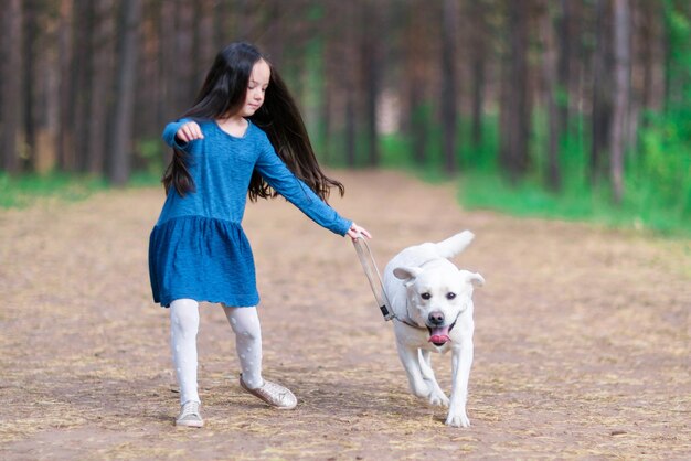 Śliczna mała dziewczynka spaceruje z psem w parku Biały labrador