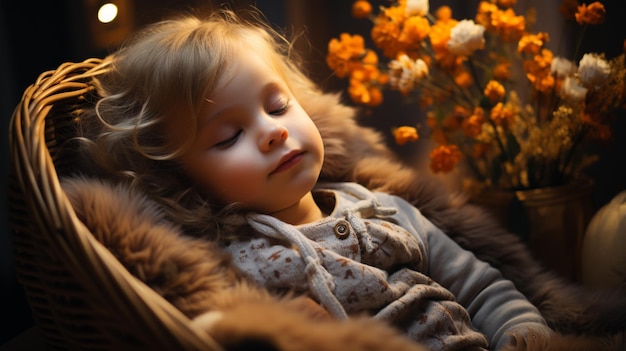 Śliczna mała dziewczynka śpi w nocygenerative ai