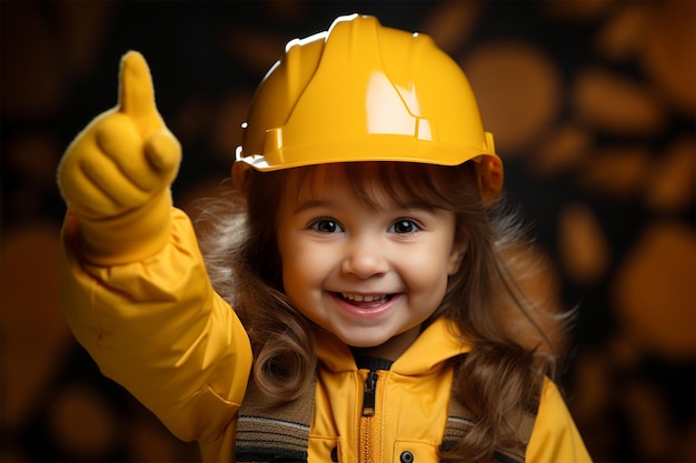 Zdjęcie Śliczna mała dziewczynka w twardym kapeluszu wskazuje na twoją reklamę