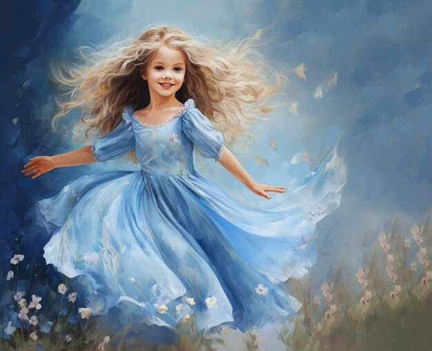 Śliczna mała księżniczka w niebieskiej sukience