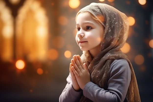 Śliczna mała muzułmańska dziewczyna modli się w meczecie