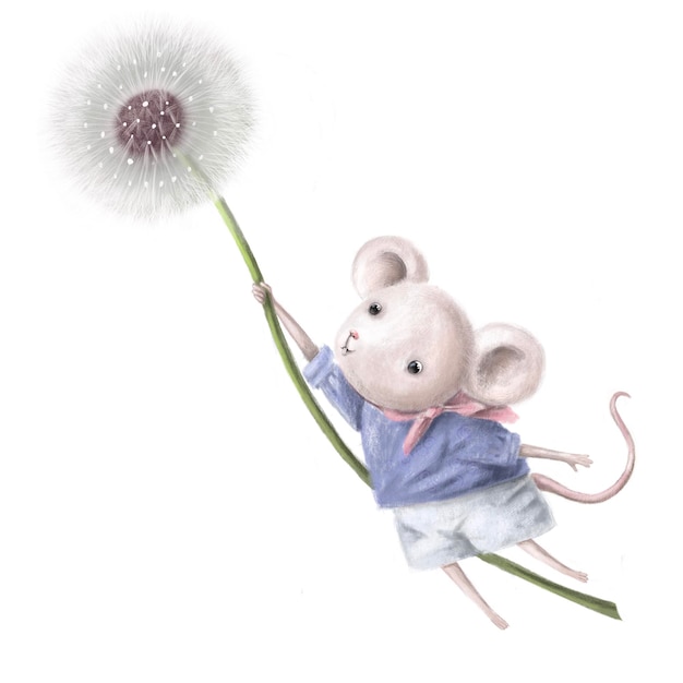 Śliczna mała mysz latająca na dmuchawce ręcznie rysowane clipart akwareli ilustracji dla dzieci