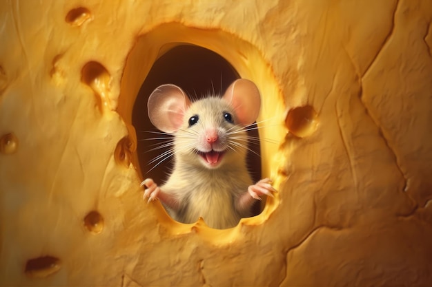 Śliczna mała mysz w serowej dziurze żółtym karmowym tle ai generatywnym