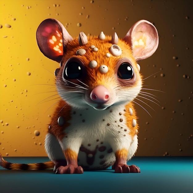 Śliczna mała mysz z dużymi oczami na żółtym tle renderowania 3d