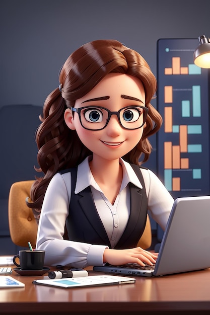 Śliczna młoda bizneswoman pracująca z laptopem i przeglądająca raport z analizy rynku 3D ilustracja postać z kreskówki