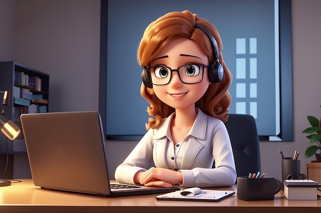 Śliczna młoda bizneswoman pracująca z laptopem wideokonferencja komunikacja online postać z kreskówki ilustracyjna ilustracja 3D