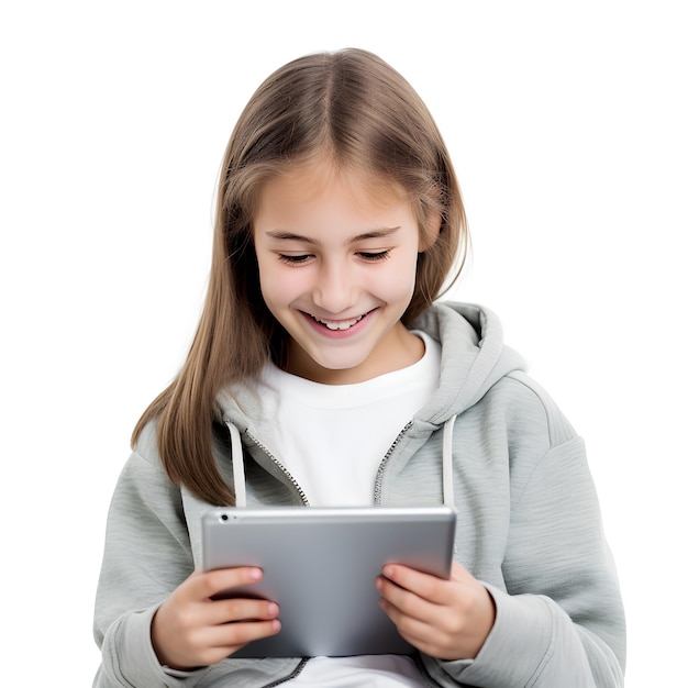 Zdjęcie Śliczna młoda dziewczyna używa tabletu na białym tle. życie codzienne urządzeń cyfrowych. natywna generacja alfa